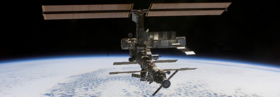 The International Space Station as seen from the Space Shuttle Atlantis at 8:13am CDT on October 16, 2002-- click to see larger photo