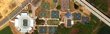 Family Circle Tennis Center on Daniel Island: 13 clay courts, 4 hard courts, all lighted for night play- click for interactive satellite photo