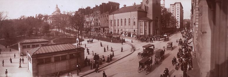 Tremont Street in 1903 or earlier, looking northeast. On the left are entrances to the Park Street subway station at Boston Common and the Park Street Church... click to see Boston photos at the Library of Congress